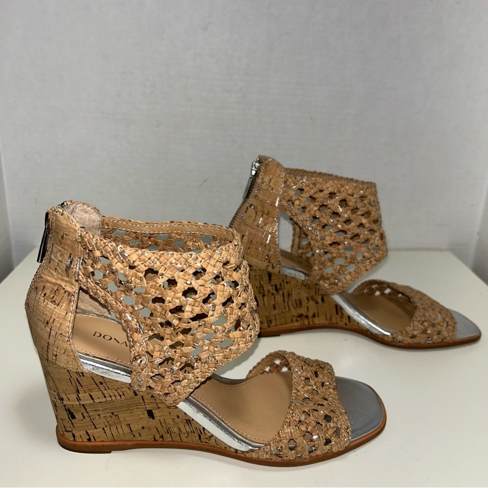 Donald Pliner Lagos Tan Crochet Leather Ankle Collar Cork Wedge Heel Sandal